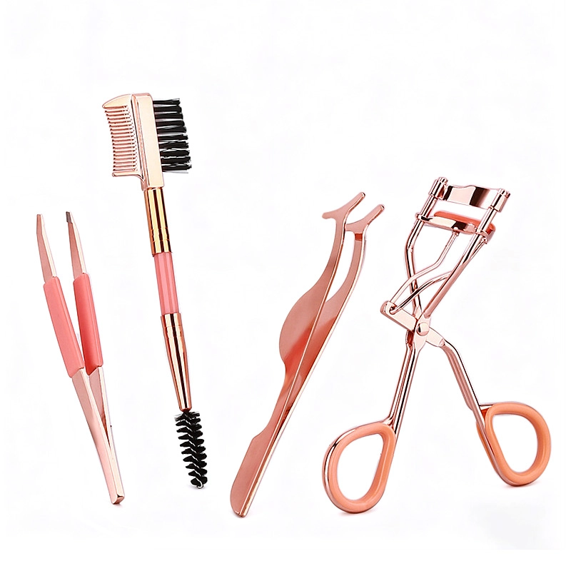 Professional Eyelash Curler Eyebrow Brush Tweezer Set Stainless Steel Lash Curler with Refill Pads Dual Ended Brow Spoolie Precision Slant Tweezers Grooming Kit Gift MSZ-5675