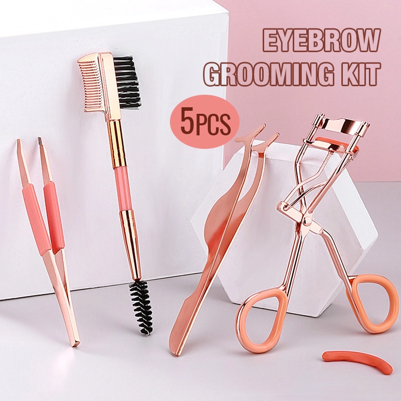 Professional Eyelash Curler Eyebrow Brush Tweezer Set Stainless Steel Lash Curler with Refill Pads Dual Ended Brow Spoolie Precision Slant Tweezers Grooming Kit Gift MSZ-5675