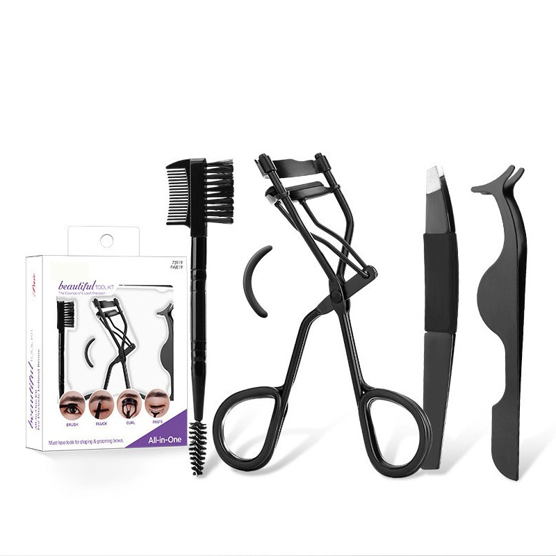 Professional Eyelash Curler Eyebrow Brush Tweezer Set Stainless Steel Lash Curler with Refill Pads Dual Ended Brow Spoolie Precision Slant Tweezers Grooming Kit Gift MSZ-5675