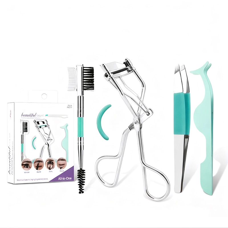 Professional Eyelash Curler Eyebrow Brush Tweezer Set Stainless Steel Lash Curler with Refill Pads Dual Ended Brow Spoolie Precision Slant Tweezers Grooming Kit Gift MSZ-5675