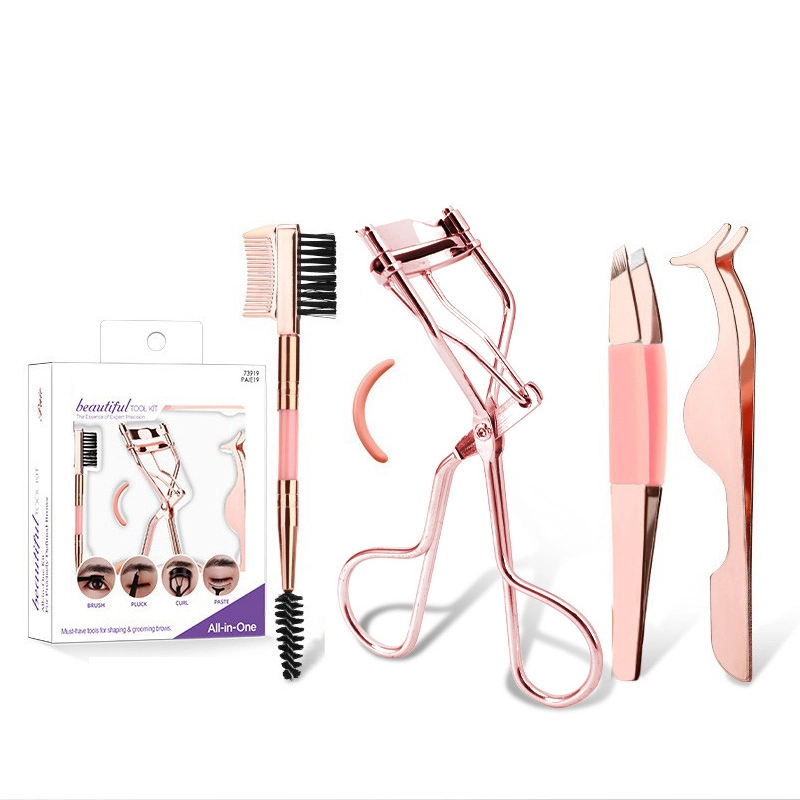 Professional Eyelash Curler Eyebrow Brush Tweezer Set Stainless Steel Lash Curler with Refill Pads Dual Ended Brow Spoolie Precision Slant Tweezers Grooming Kit Gift MSZ-5675