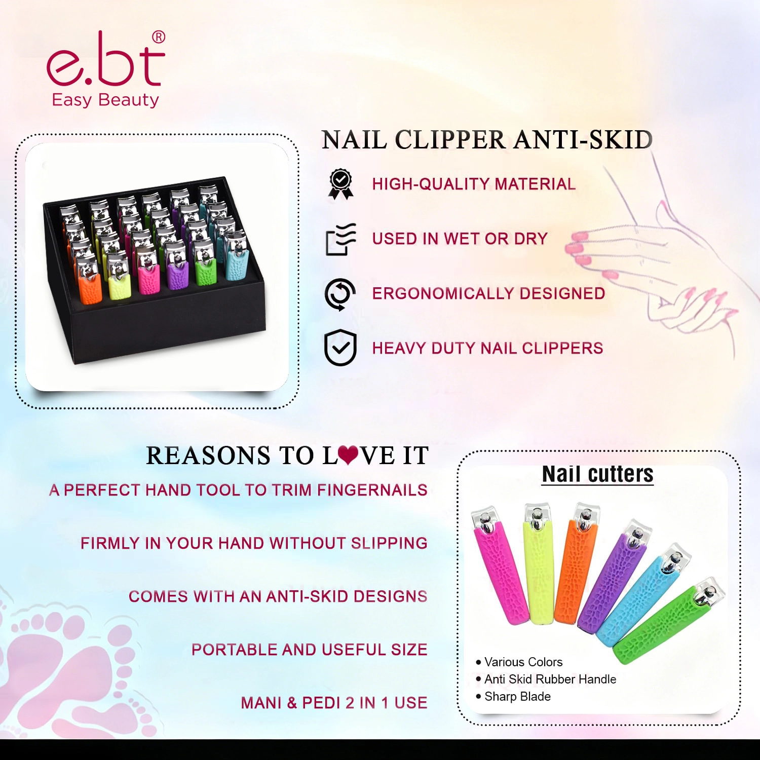 05 Carbon Steel Nail Clippers with Non Slip Silicone Grip & Display Stand – Heavy Duty Fingernail & Toenail Cutter for Thick Nails DNCS 2124