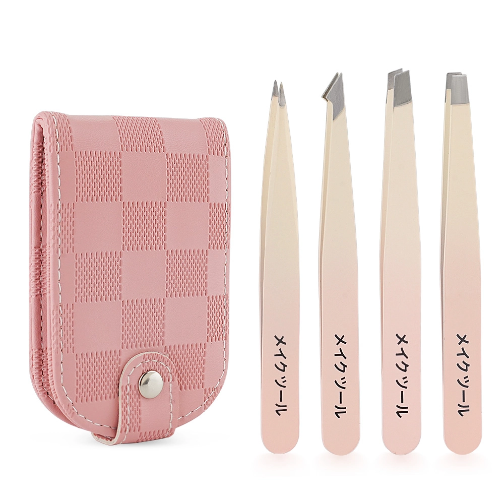 4Pcs Professional Stainless Steel Eyebrow Tweezer Set with Mirror Travel Case TW-5596