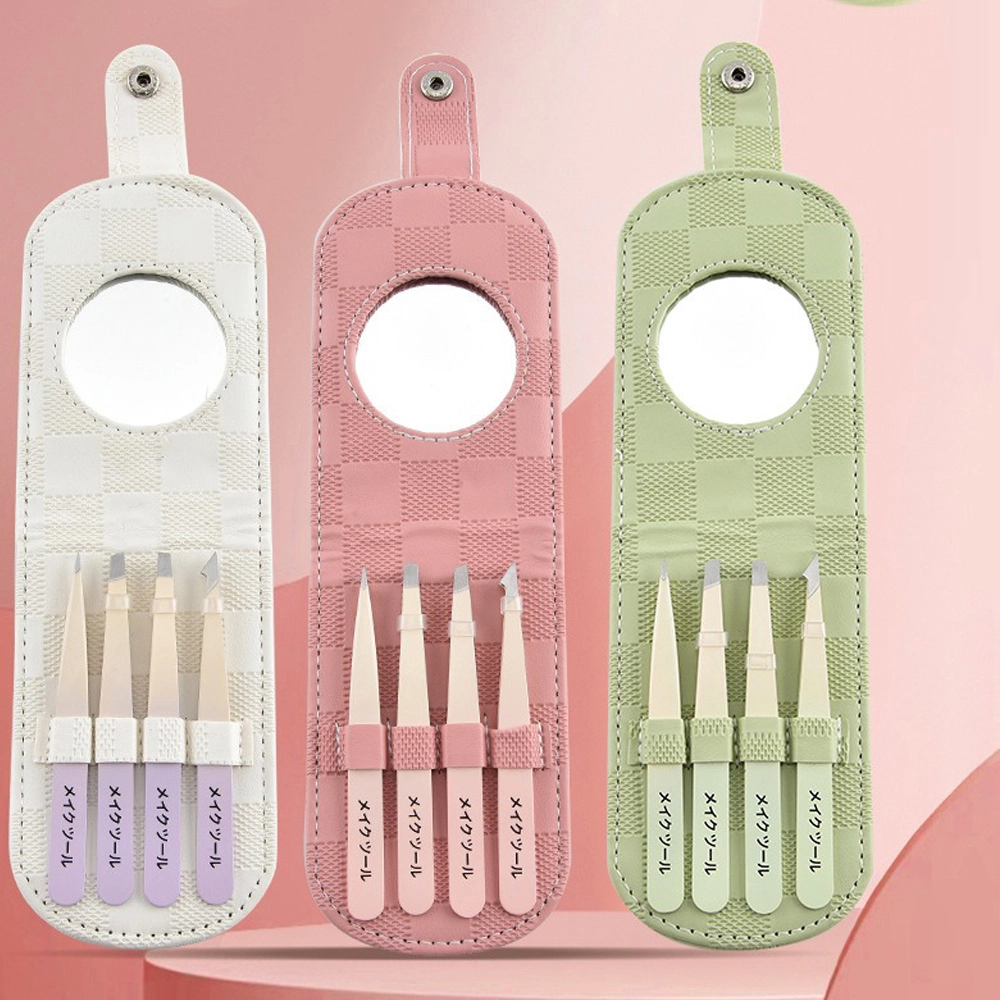 4Pcs Professional Stainless Steel Eyebrow Tweezer Set with Mirror Travel Case TW-5596