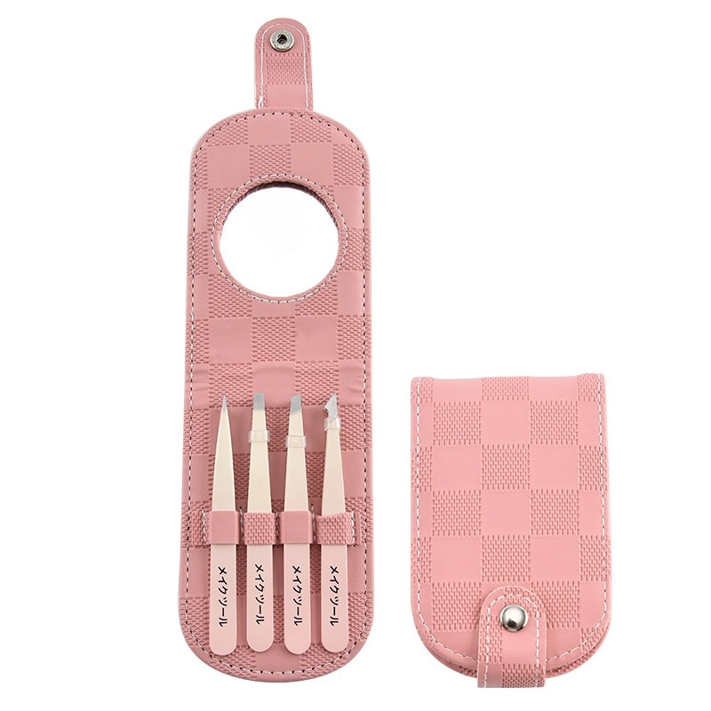 01 Professional 4pcs Stainless Steel Eyebrow Tweezer Set in PU Leather Case with Mirror Precision Grooming Kit for Perfect Brows Travel Friendly Beauty Tool TW 5526