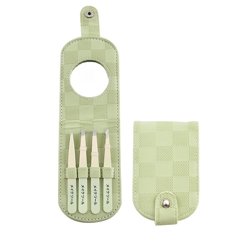 02 Professional 4pcs Stainless Steel Eyebrow Tweezer Set in PU Leather Case with Mirror Precision Grooming Kit for Perfect Brows Travel Friendly Beauty Tool TW 5526