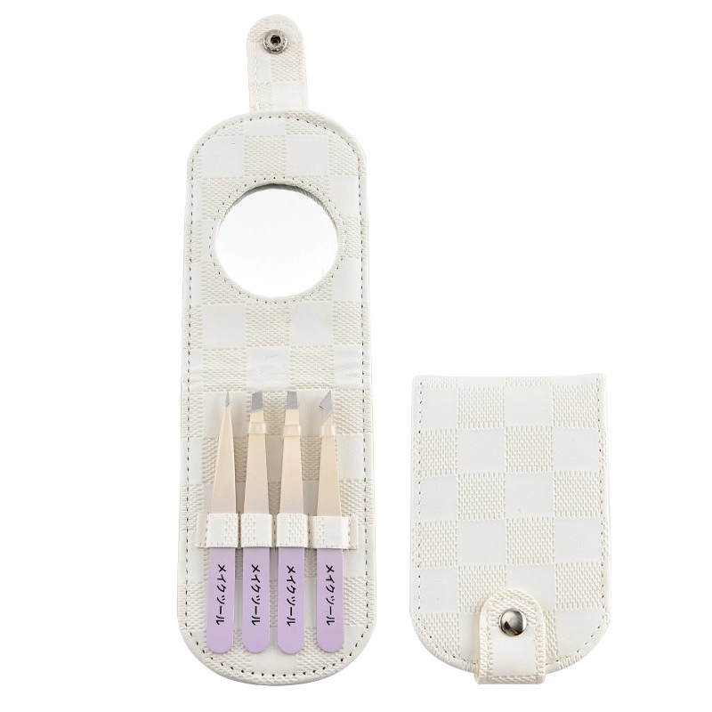 03 Professional 4pcs Stainless Steel Eyebrow Tweezer Set in PU Leather Case with Mirror Precision Grooming Kit for Perfect Brows Travel Friendly Beauty Tool TW 5526