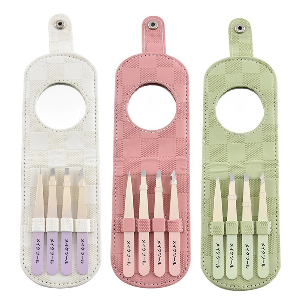 04 Professional 4pcs Stainless Steel Eyebrow Tweezer Set in PU Leather Case with Mirror Precision Grooming Kit for Perfect Brows Travel Friendly Beauty Tool TW 5526