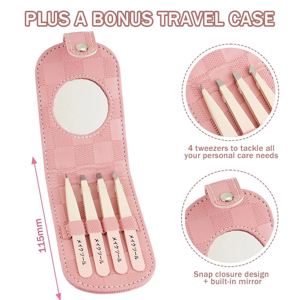 05 Professional 4pcs Stainless Steel Eyebrow Tweezer Set in PU Leather Case with Mirror Precision Grooming Kit for Perfect Brows Travel Friendly Beauty Tool TW 5526