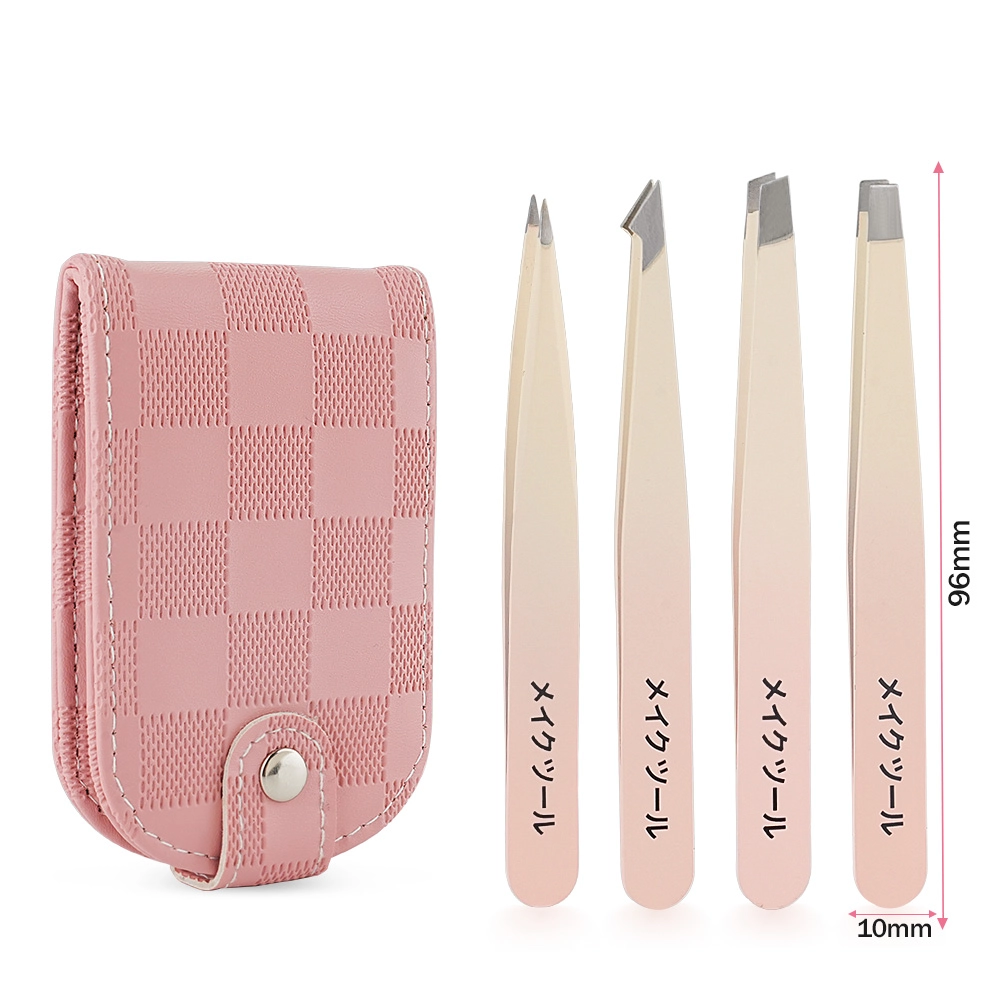 06 Professional 4pcs Stainless Steel Eyebrow Tweezer Set in PU Leather Case with Mirror Precision Grooming Kit for Perfect Brows Travel Friendly Beauty Tool TW 5526