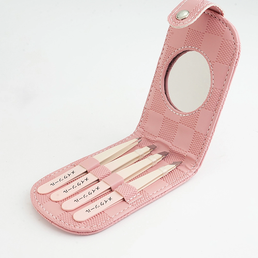 09 Professional 4pcs Stainless Steel Eyebrow Tweezer Set in PU Leather Case with Mirror Precision Grooming Kit for Perfect Brows Travel Friendly Beauty Tool TW 5526